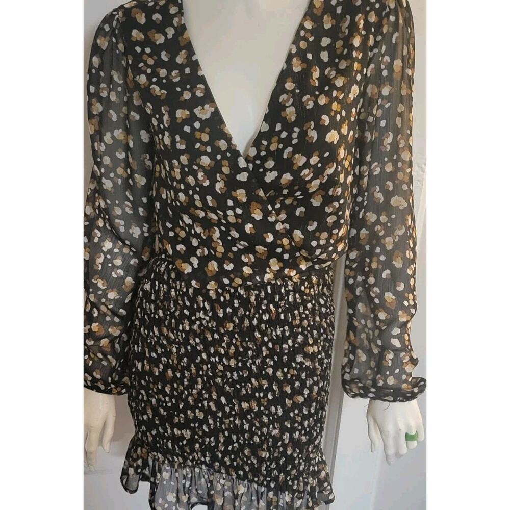 Row A Womens Sz. M Ruffled Dress Sheer Long Sleeve Lined Mid-Length Black Brown
